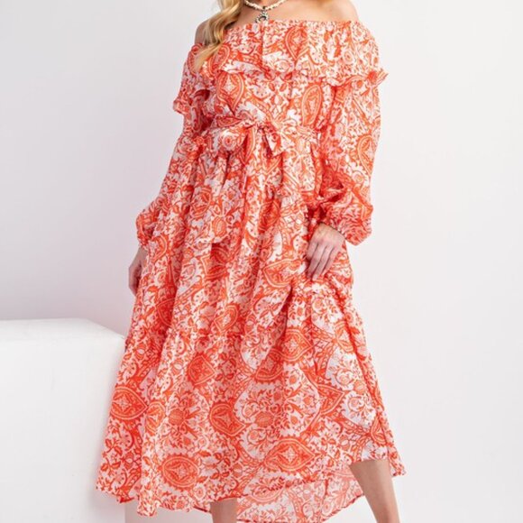 Easel Sunset Orange Printed Off-Shoulder Maxi Dress NWT L - Picture 9 of 10